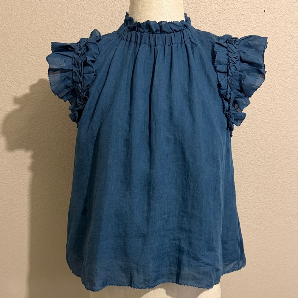 Sea New York Blue Ruffle Flutter Sleeve Blouse Flowy Sleeveless Cotton Preppy